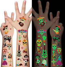 Day of the Dead Luminous Temporary Tattoos for Kids - 10 Sheets Glow in the Dark