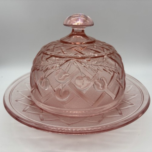 Vintage Mosser rosa Glas Kirschgitter Deckel Butterkuppel EUC