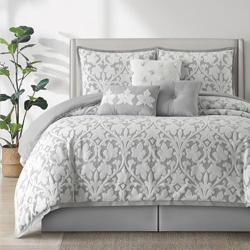 Elegant 7-Piece King Comforter Set in White Grey with Floral Jacquard ...