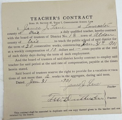 1901 Original Teacher's Contract - Hand Written Epherema - 6''x 6''
