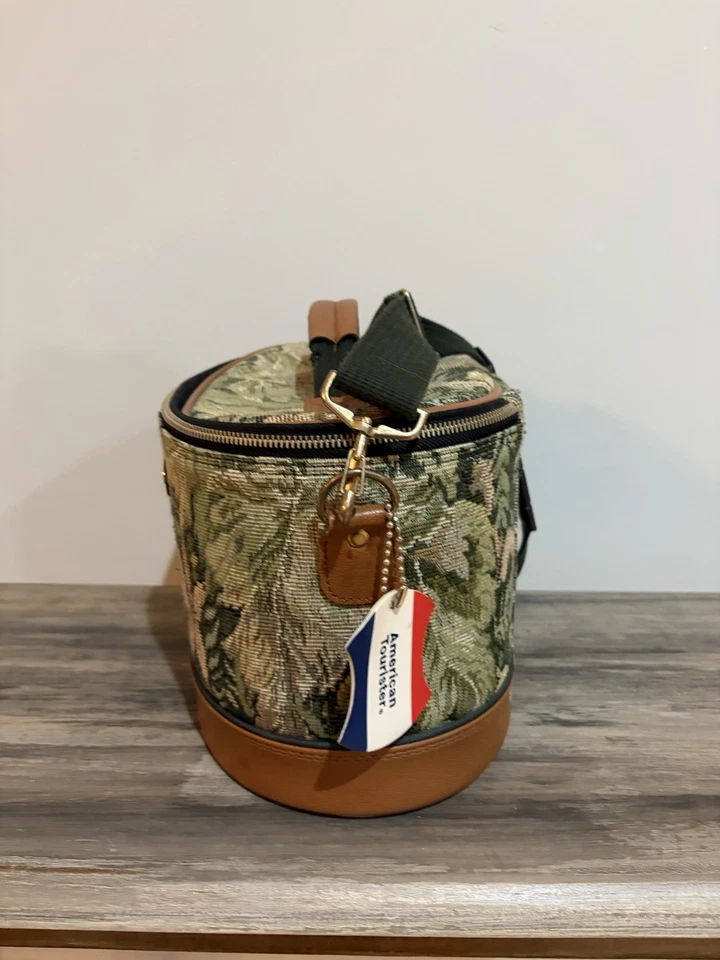 AMERICAN TOURISTER 复古化妆品制作盒 绿色花卉纸巾 带棕色 — 第 4/4 张图片