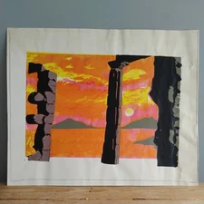 Vintage Original Screen Print Yellow Orange Sunset Through Stone Archway