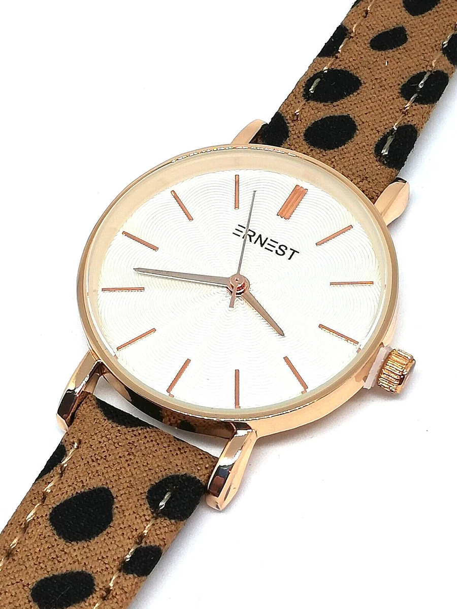 Montre Watch Quartz Femme Bracelet Cuir L opard Marron Noir Cadran