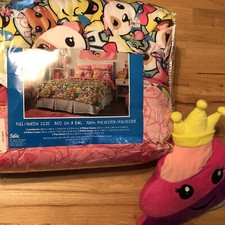 JUSTICE Queen Poo Full COMFORTER EMOJI SET UNICORNS/PUPPIES FLAT FITTED SHEETS