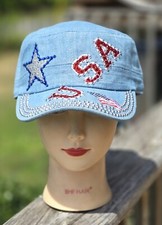 Ladies Blue Denim USA BLING Cap Hat NEW