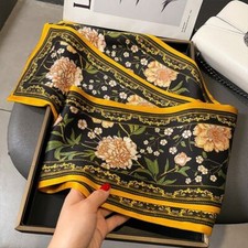 100 Mulberry Silk Shawl Flowers Print Double Layer Oblong Scarf Black/OrangeHot