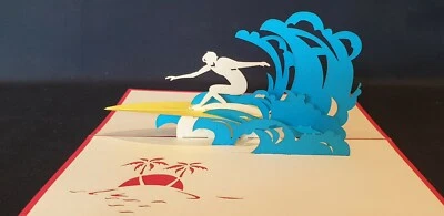 H&G 3D Pop Up Surfing Greeting card.(Birthday, Holidays, Get Well, Congrats.. Blank)