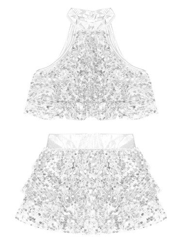 Girls Latin Salsa Samba Rumba Dancewear Sequins Tiered Crop Top with Skirts - Picture 33 of 71