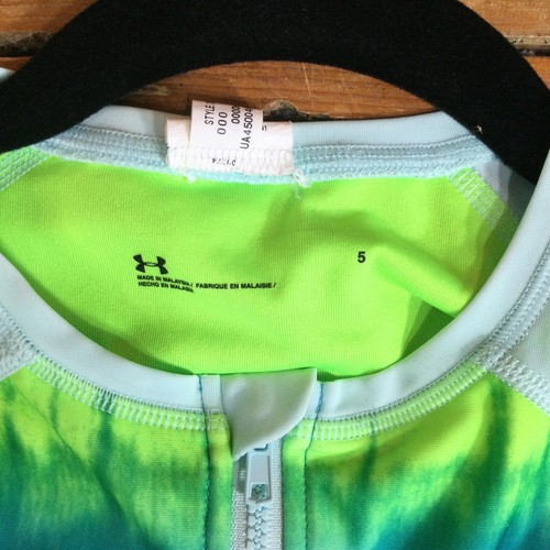 Under Armour Girls Neon Bright Blue Green Long Sleeve Rashguard Swimsuit - Picture 10 of 20
