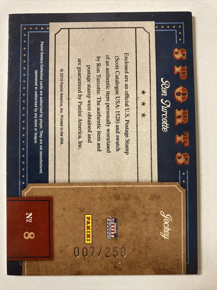 Ron Turcotte 2010 Panini Century Horse Racing Jockey Souvenir Stamps 152/250 - Image 2 of 2