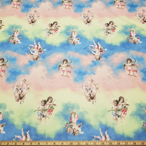 Flying Cherubs on Pastel Clouds 4-Way Stretch Mesh Print Fabric - Picture 2 of 10
