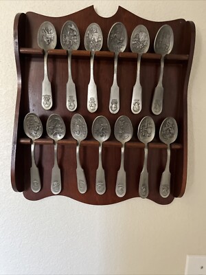 Franklin Mint Bicentennial Set 13 Sculpted Pewter Spoons & Wood Display Case