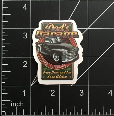 Dad's Garage Vinyl Sticker Service Repairs Free Beer Ice Advice Flats Fixed Oil