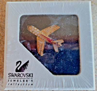 SWAROVSKI CRYSTAL AIRPLANE PIN~BROOCH 22KT GOLD PLATING RETIRED