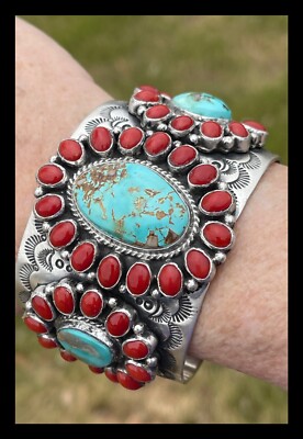 NAVAJO~HUGE ~RED CORAL~ROYSTON TURQ~SS~THREE CLUSTER CUFF~EMER THOMPSON