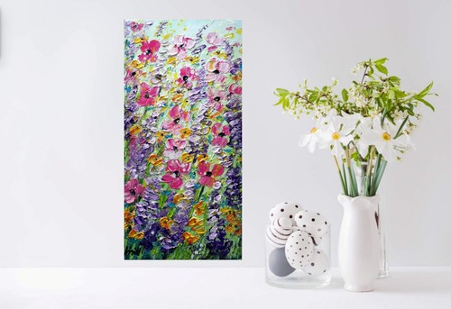 Texas Meadow Flowers Original Oil Impasto Painting of Lupine, Blue Forget-Me-Not - Picture 3 of 10
