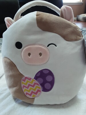 8  Ronnie Cow Squishmallow 2021 Easter Edition Plush Basket Brown and White