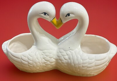 Vintage Kissing Swans or Ducks, White Ceramic Double Planter, 10'', heart,Easter