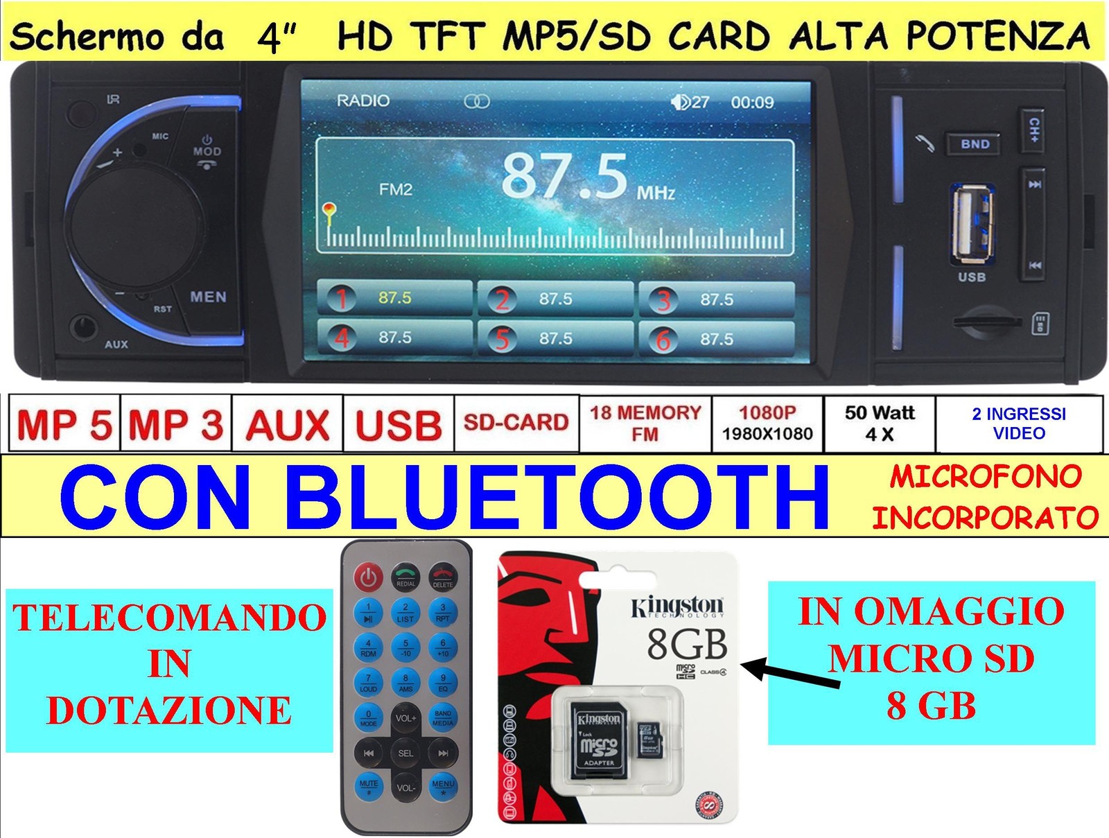 Autoradio Bluetooth 1 DIN Display 4'' HD MP5 USB SD - Stereo Auto Economico
