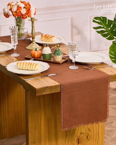 Farmhouse Table Runner 72 Inches Brown Table Runner Slub Texture Cotton 2 Pack - Picture 5 of 6