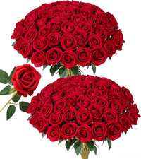50 PCS Red Roses Artificial Flowers, Fake Roses with Stems Realistic Silk Roses