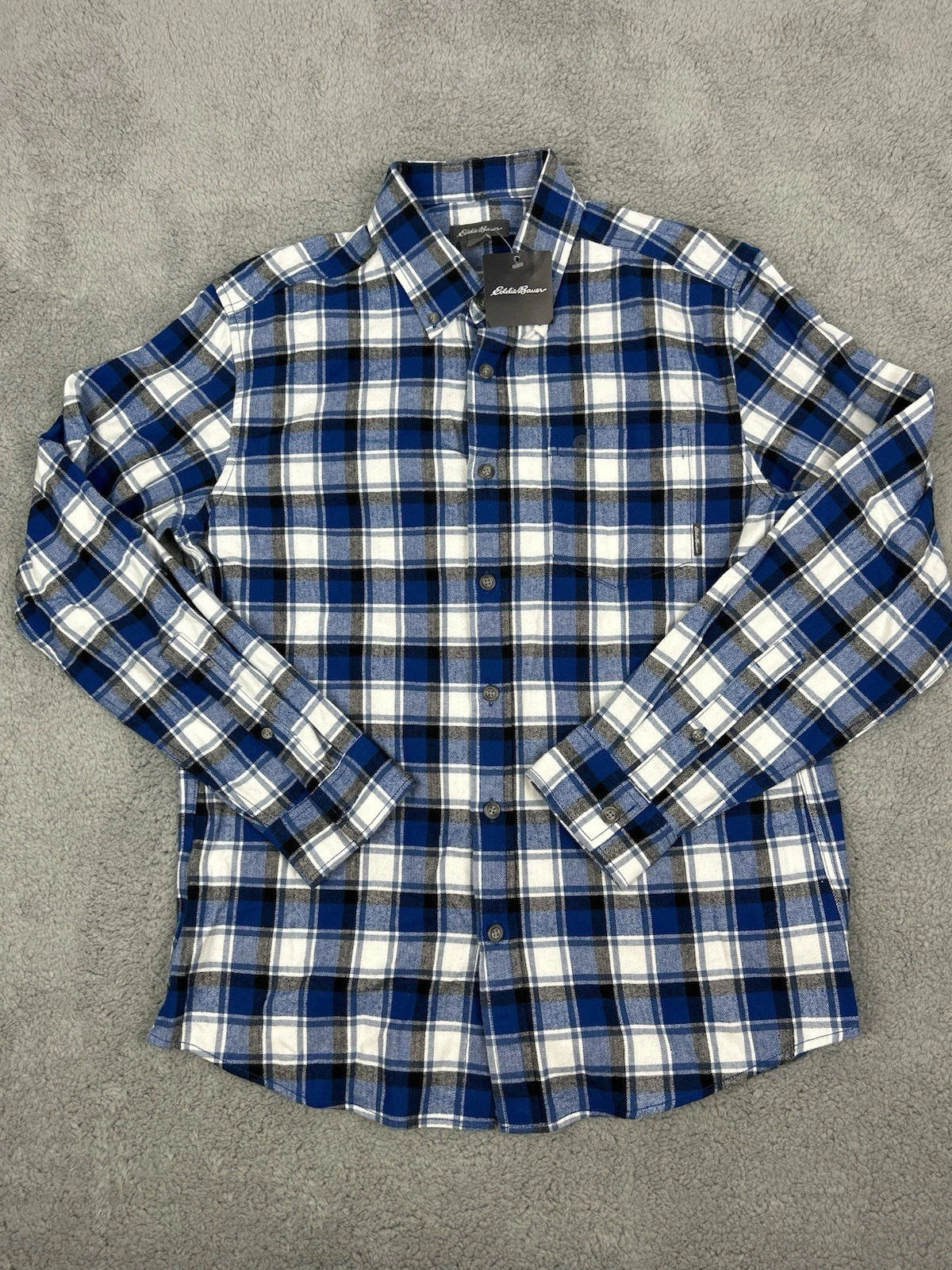 Eddie Bauer Flannel Shirt Mens Medium Plaid Checkered Long Sleeve Blue White