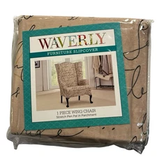 Waverly Wing Chair Slipcover Tan Khaki Stretch Pen Pal Parchment One Piece