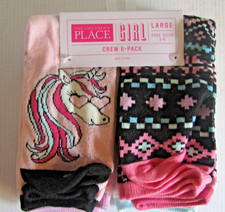 The Children  s Place Girls 6-Pack Crew UNICORN Socks Large Shoe Size 3-6 NWT