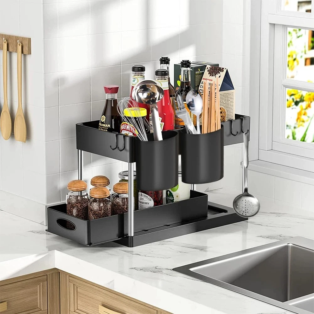 2 Tier Under Sink Organizer Sliding Storage Rack with Hooks for Kitchen Bath
Opens in a new window o