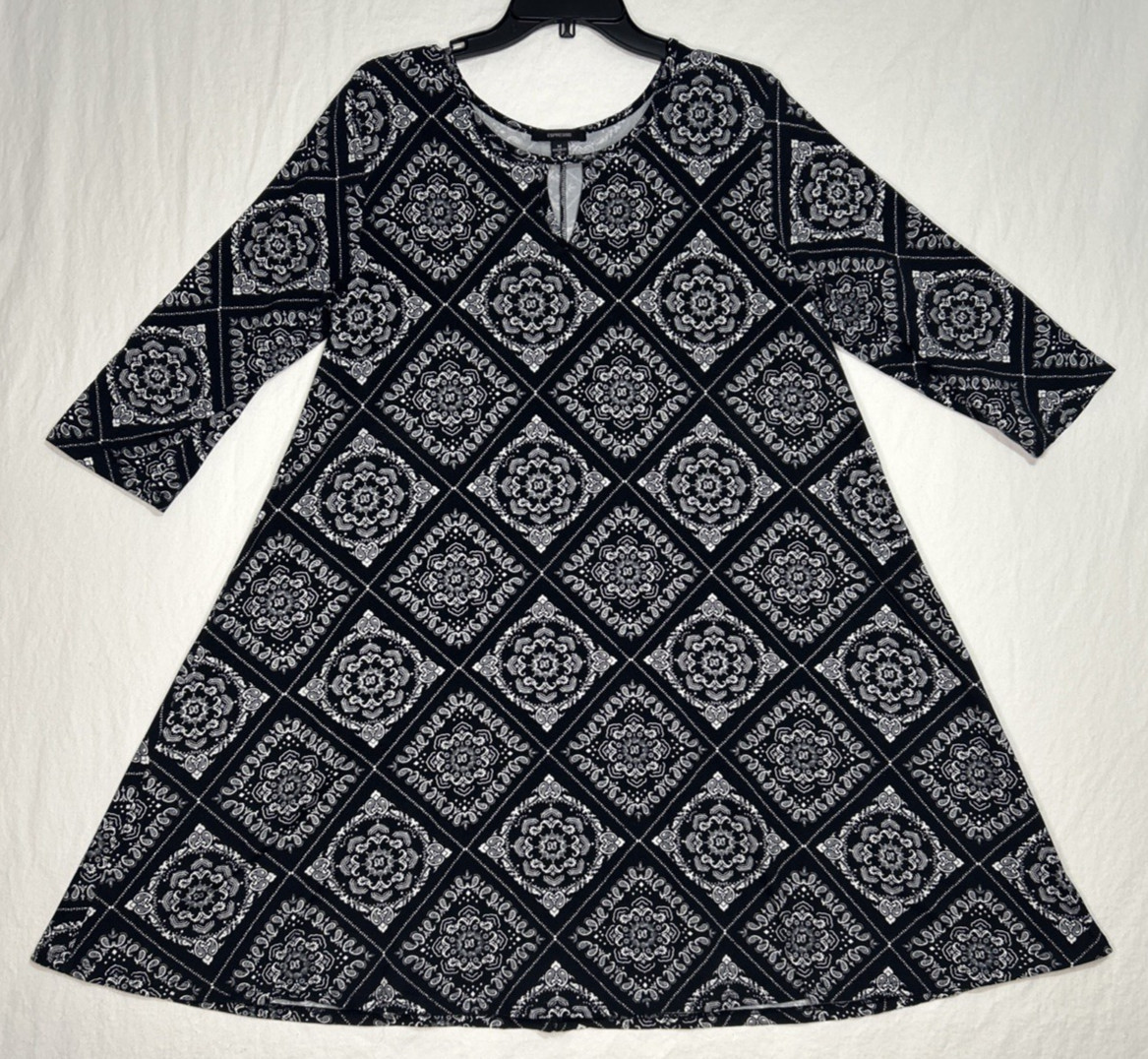 Expresso Women's ALine 3/4 Sleeve Black & White Geometric Casual Dress - Size M