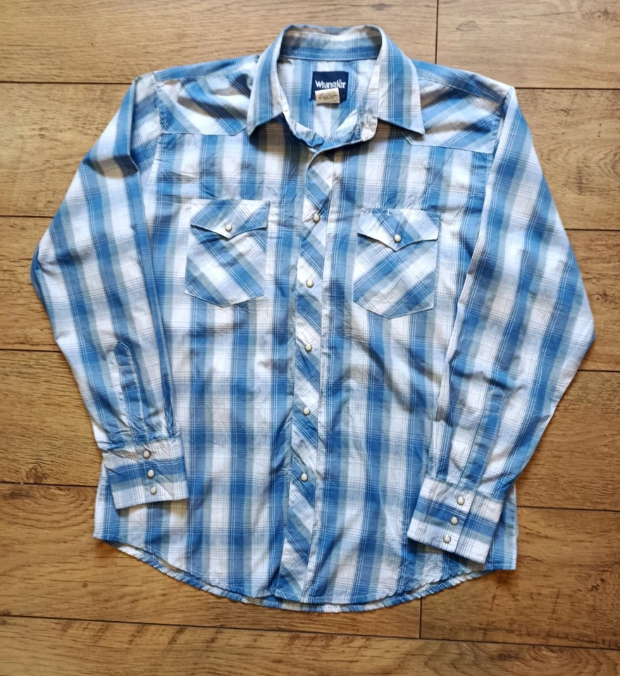 Mens Wrangler Blue/White Checked Western Long Sleeve Shirt - Size L (UK XL) - Image 2 of 4