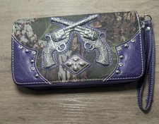 Purple Camouflage Pistol Studs Wallet Wristlet EUC