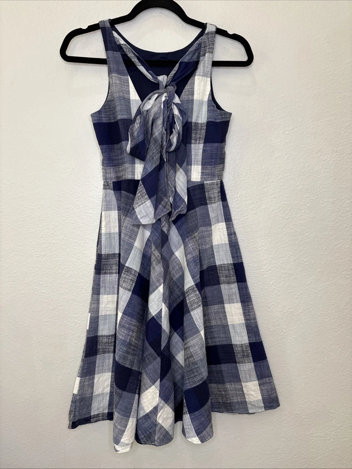 Eliza J Dress - Gingham Plaid, Fit & Flare - Blue White Back Bow - Size 2 Petite - Image 4 of 4