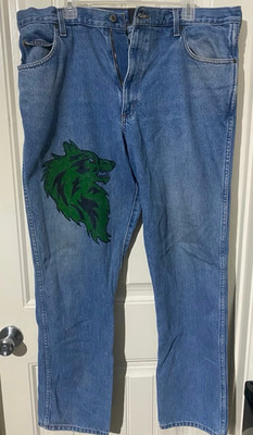 men s jeans 40x34 pants Redhead. Custom Wolf Design hand drawn see all Listings