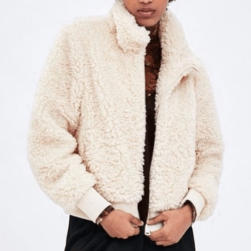 Chaqueta Bomber Zara TRF Marfil Crema Imitación Piel Recortada Cremallera Sherpa Peluche Talla S - Imagen 6 de 7