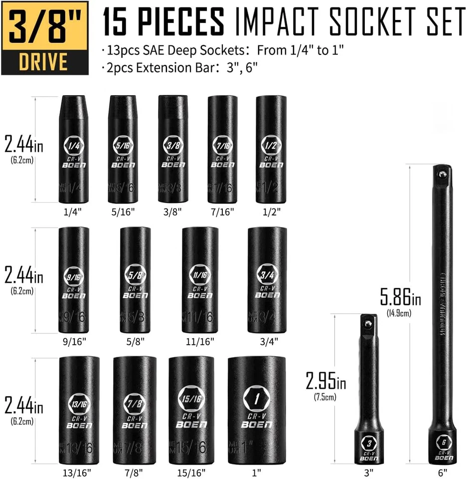 3/8" Drive Deep Impact Socket Set, 15 Piece SAE Socket Set 1/4" to 1", Includes - Image 2 of 4