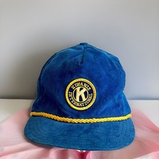 Vintage Kiwanis International Patch Hat Trucker Cap Strap Back Blue Gold Rope
