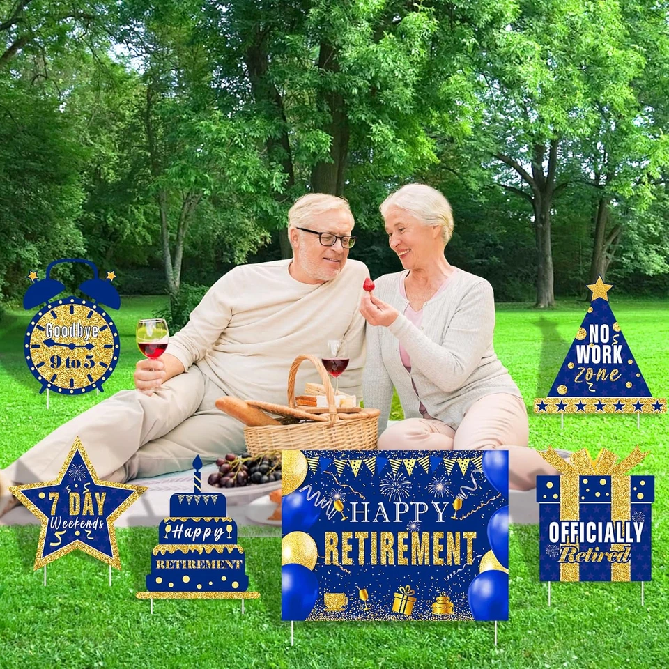6 piezas letrero de patio de jubilación azul dorado decoraciones de fiesta de jubilación para hombres Happy R Foto 3 de 4