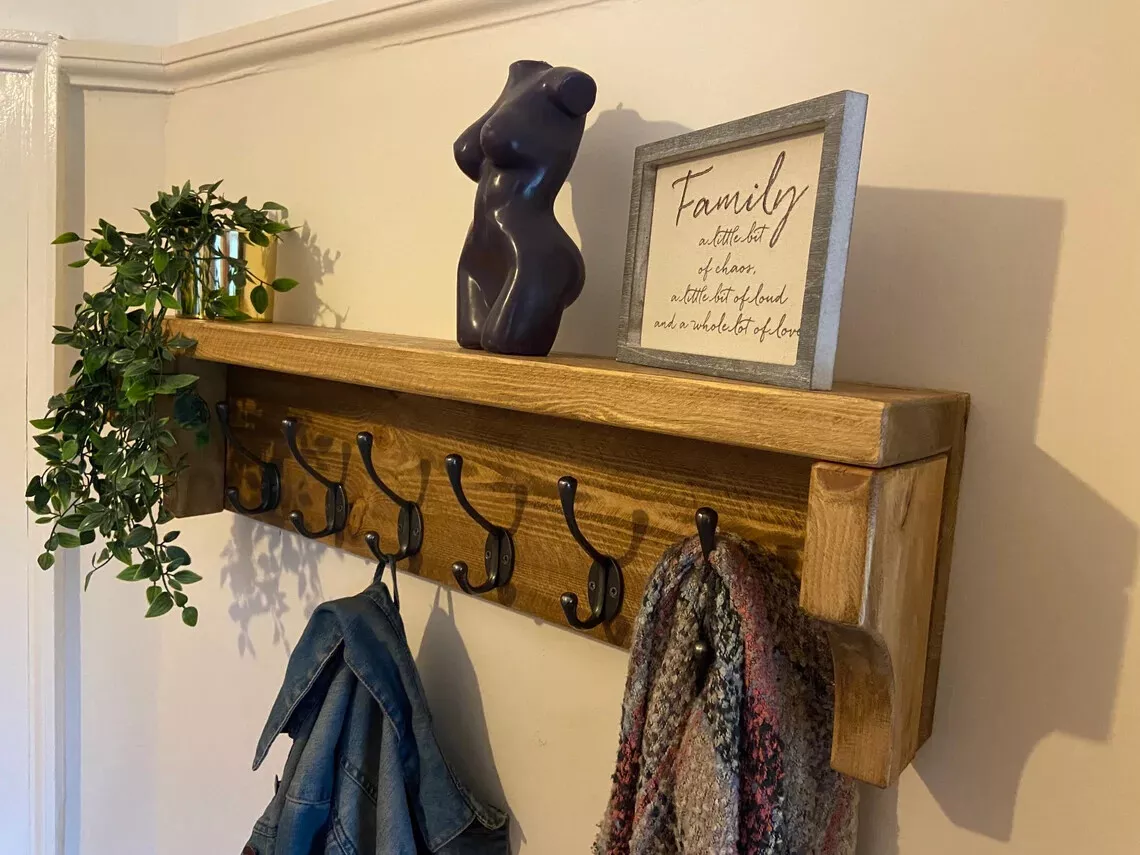 Wall Mounted Reclaimed Wooden Coat Rack with Cast Iron Coat Hooks