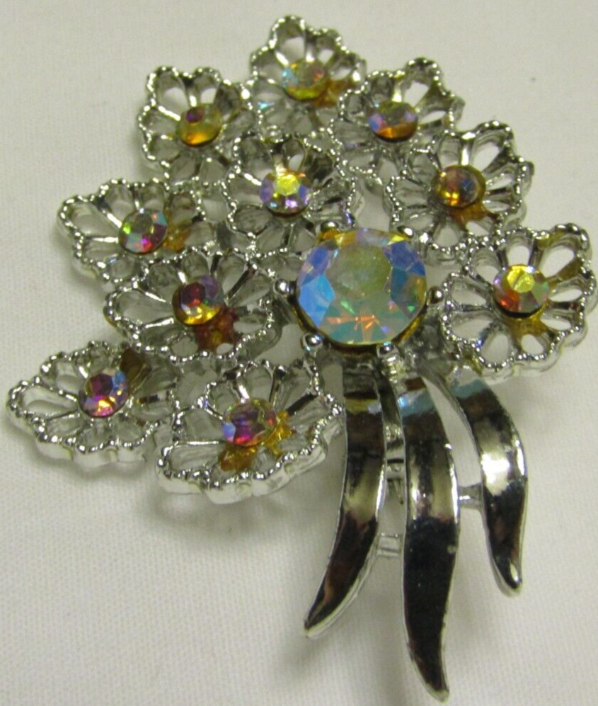 VINTAGE COSTUME JEWELRY AURORA BOREALIS BRIDAL BOUQUET BROOCH