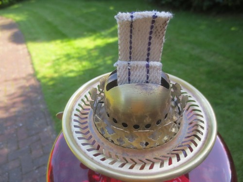 Antique Cranberry Glass & Brass OIL Lamp & Original Optic Beehive oil lamp Shade - Picture 18 of 24