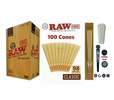 RAW Classic 98 special Size Cone AUTHENTIC(100 pack)+phily tube+glass cone tip