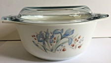 Vintage Pyrex England Blue Iris White Milk Glass Casserole Dish With Lid 8.25"