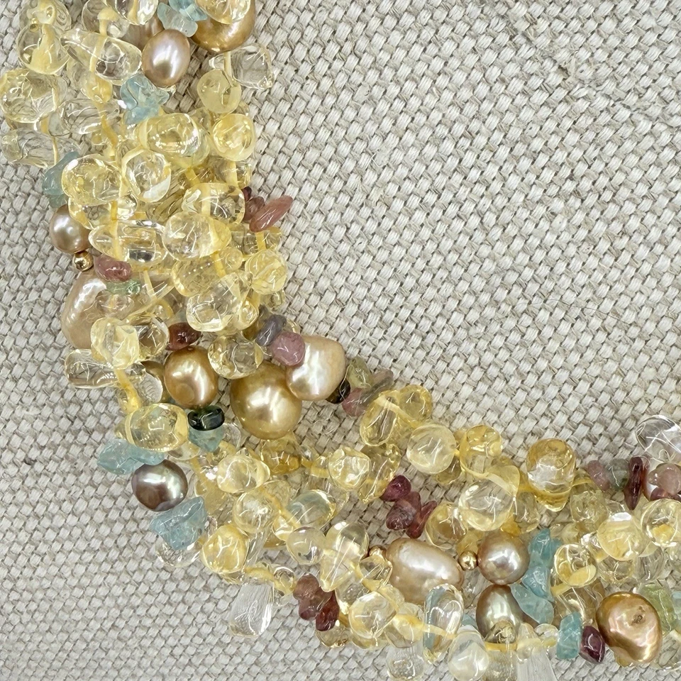 Collar de Lujo Tutti Frutti Cinco Hilos Citrino y Topacio Perla Oro 14k 18" Foto 3 de 4