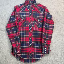 Wrangler Mens Western Pearl Snap Flannel Shirt Red Navy Plaid Long Tail 15.5-34