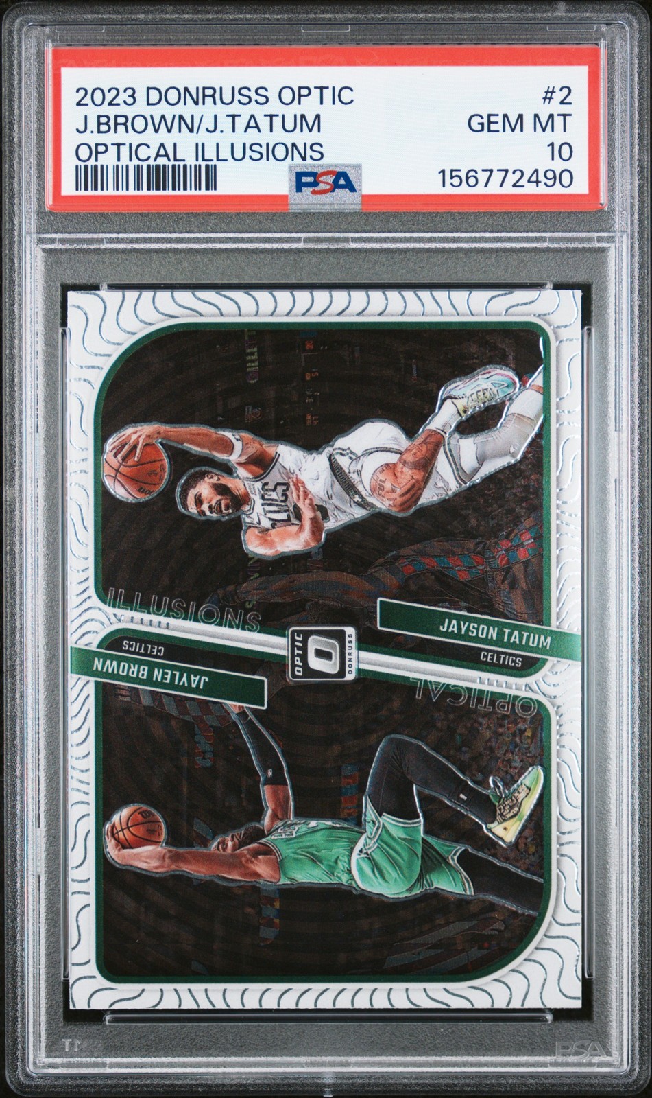 2023 PANINI DONRUSS OPTIC OPTICAL ILLUSIONS #2 JAYLEN BROWN/JAYSON TATUM PSA 10 view 1
