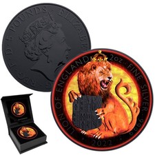 2oz Lion of England Black Sun Silver Coin Tudor Beasts Colour 2022 £5 Royal Mint