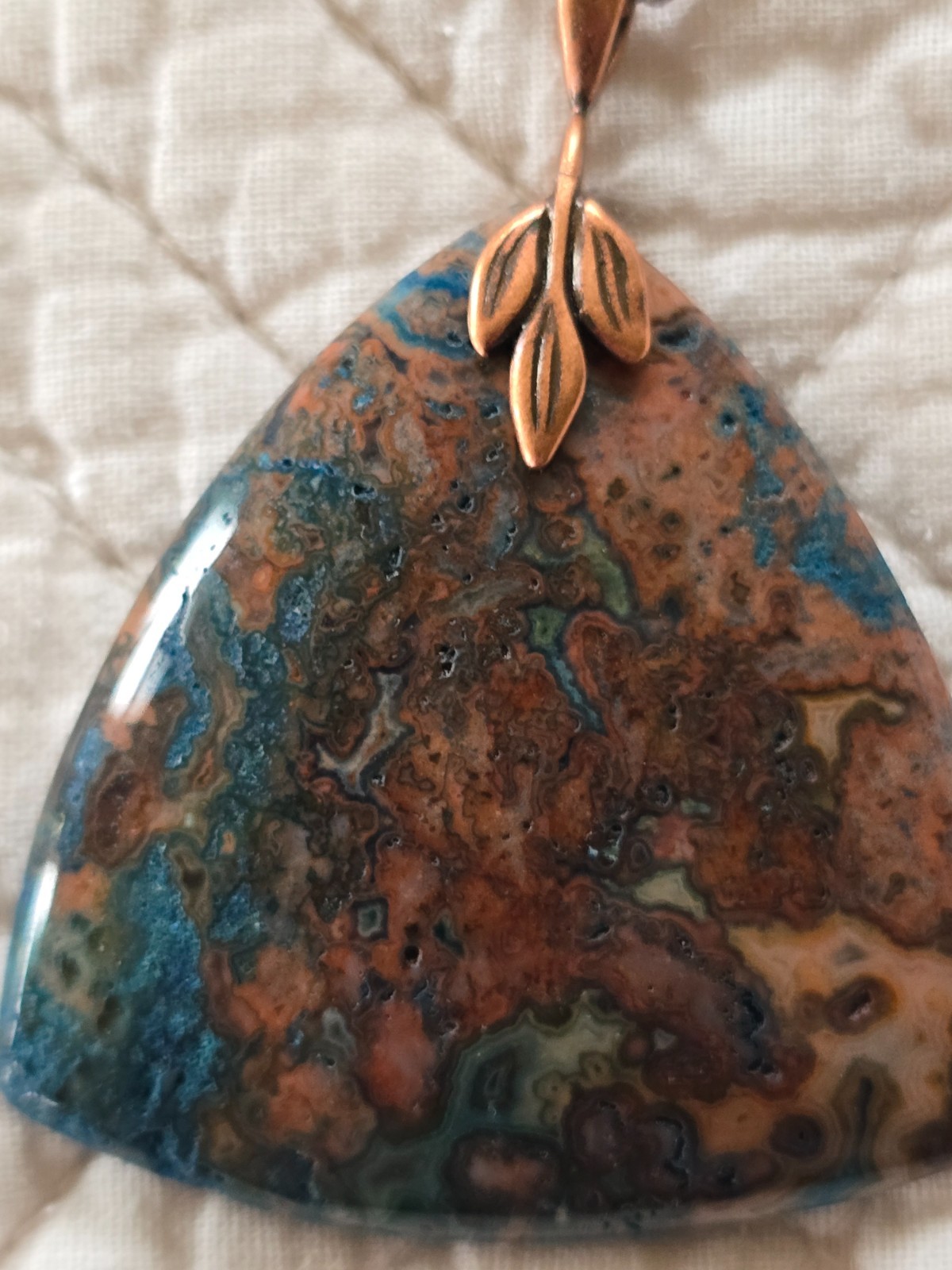 Triangular Teal and Copper Colored Crazy Lace Aga… - image 1