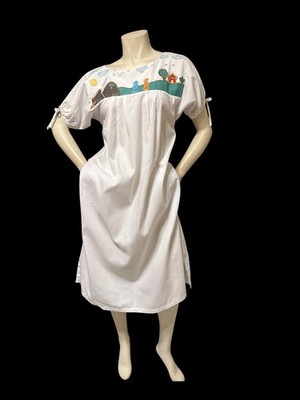VTG Mexican Dress White MIDi Campesinos Embroidery Puff Sleeves Yucatan XAIL M