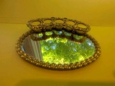 "De colección Metal ornamentado con lápiz labial espejo y bandeja de tocador de perfume 6"" de largo"